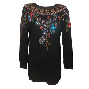 Vintage SML Sport LTD Sz S Women’s '92 Black Sequin Beads Christmas Knit Sweater